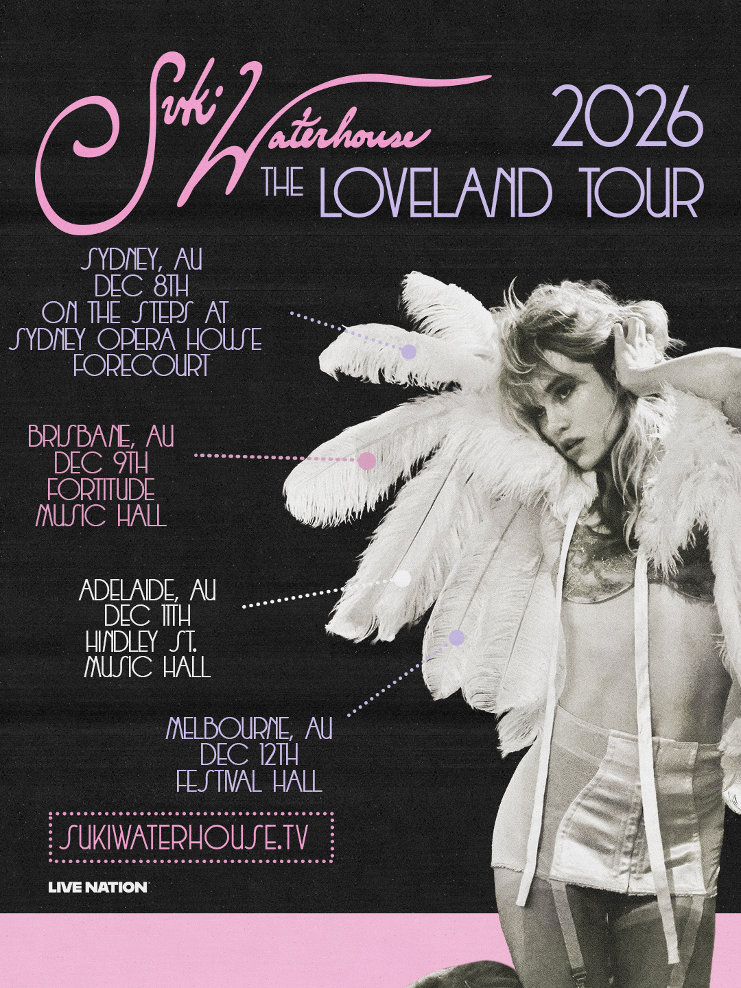 Tour poster for Suki Waterhouse 2026 The Sparklemuffin Tour featuring feather wings and Australian concert dates.